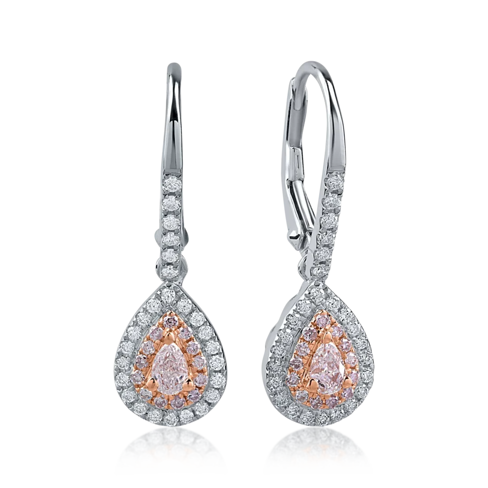 Cercei din aur alb-roz cu diamante roz pear si rotunde de 0.38ct si diamante incolore de 0.31ct