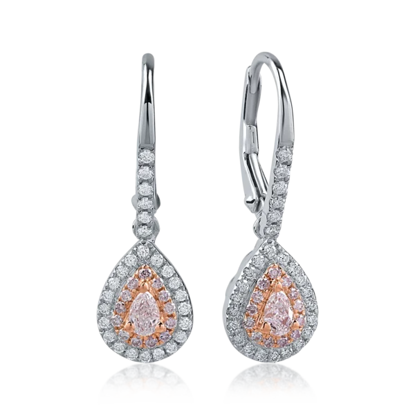 Cercei din aur alb-roz cu diamante roz pear si rotunde de 0.38ct si diamante incolore de 0.31ct