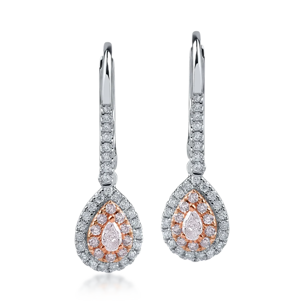 Cercei din aur alb-roz cu diamante roz pear si rotunde de 0.38ct si diamante incolore de 0.35ct - imagine 2