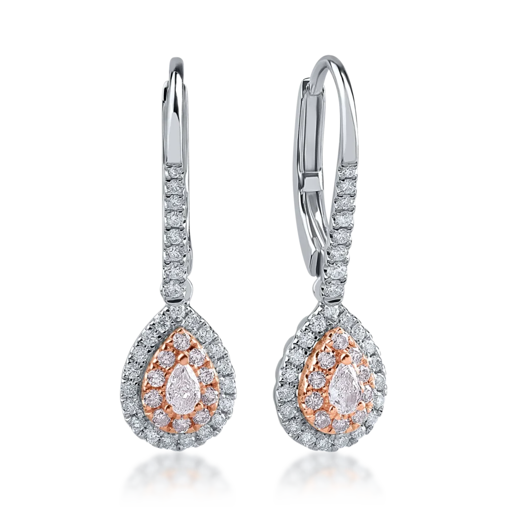 Cercei din aur alb-roz cu diamante roz pear si rotunde de 0.38ct si diamante incolore de 0.35ct