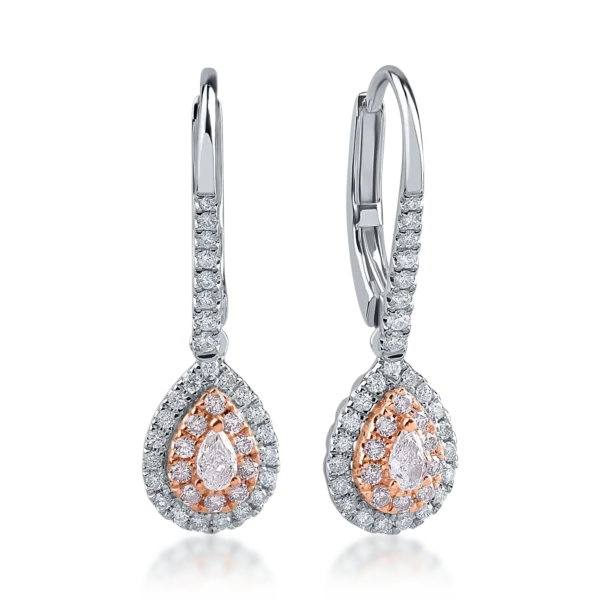 Cercei din aur alb-roz cu diamante roz pear si rotunde de 0.38ct si diamante incolore de 0.35ct