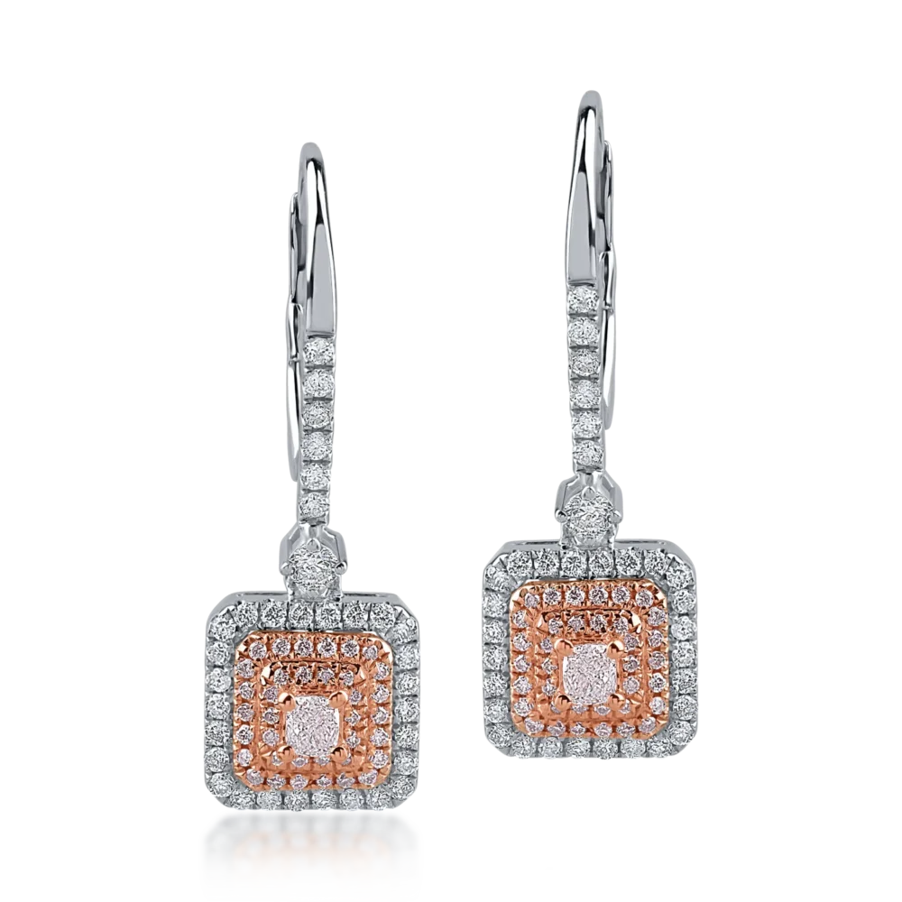 Cercei din aur alb-roz cu diamante transparente de 0.42ct si diamante roz de 0.32ct - imagine 2
