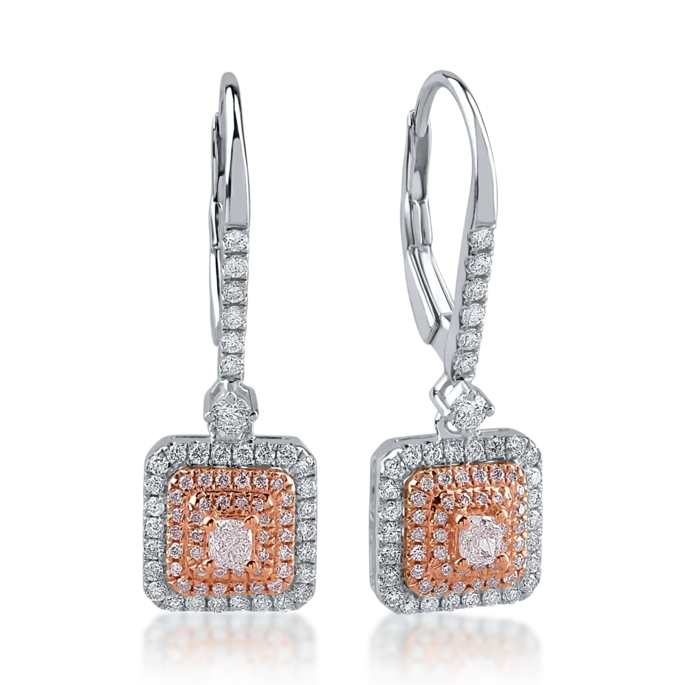 Cercei din aur alb-roz cu diamante transparente de 0.42ct si diamante roz de 0.32ct