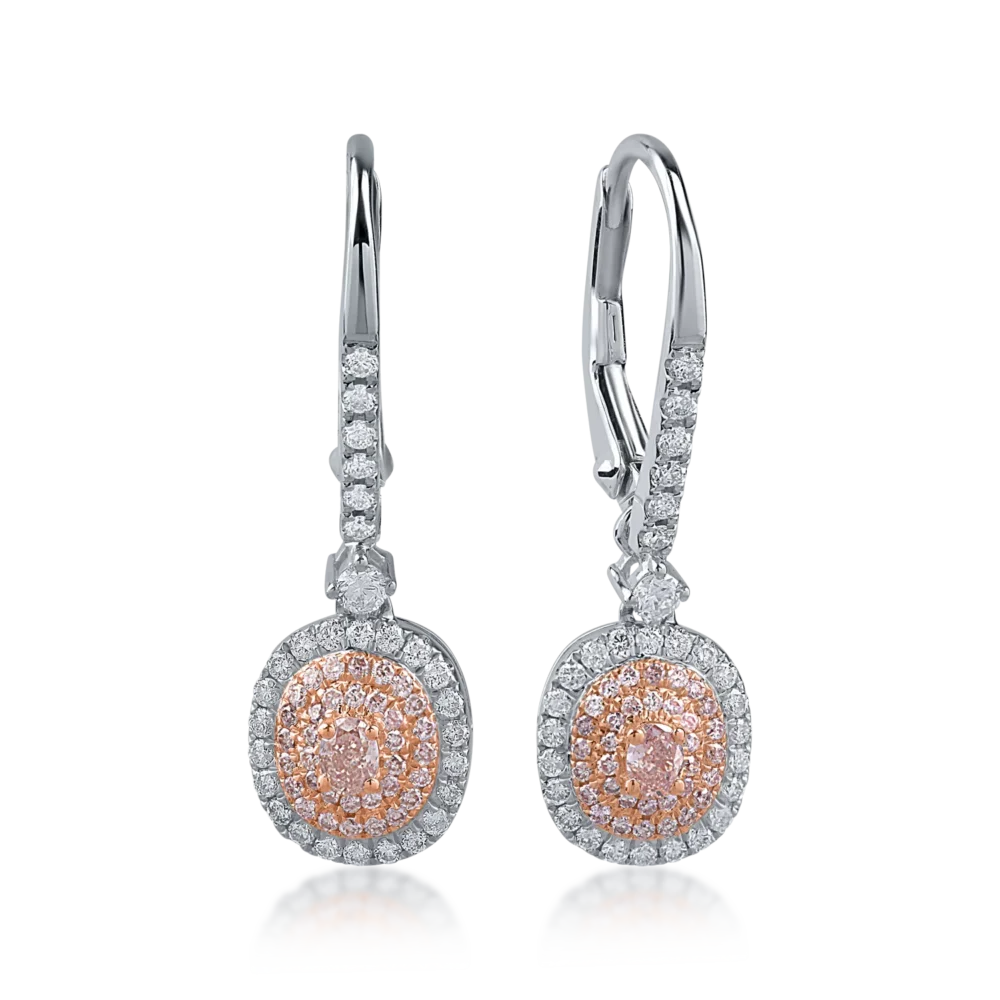 Cercei din aur alb-roz cu diamante transparente de 0.43ct si diamante roz de 0.32ct