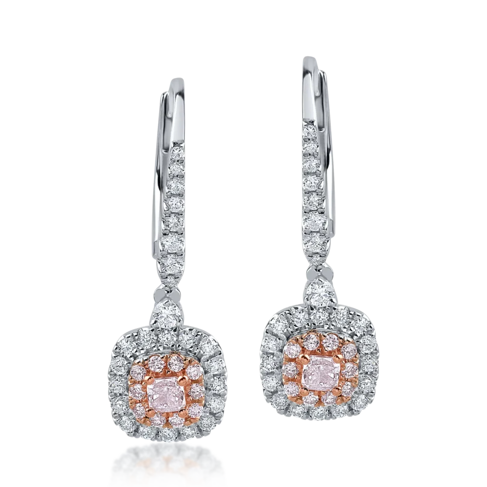 Cercei din aur alb-roz cu diamante incolore de 0.55ct si diamante roz cushion si rotunde de 0.36ct - imagine 2