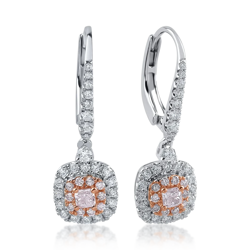 Cercei din aur alb-roz cu diamante incolore de 0.55ct si diamante roz cushion si rotunde de 0.36ct
