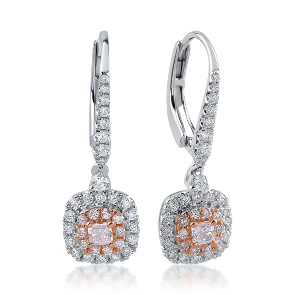 Cercei din aur alb-roz cu diamante incolore de 0.55ct si diamante roz cushion si rotunde de 0.36ct