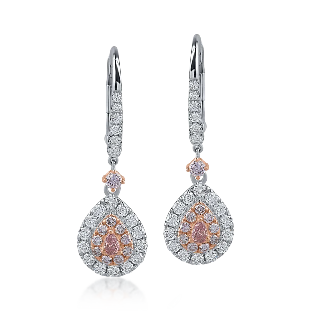 Cercei din aur alb-roz cu diamante incolore de 0.66ct si diamante roz pear si rotunde de 0.41ct - imagine 2
