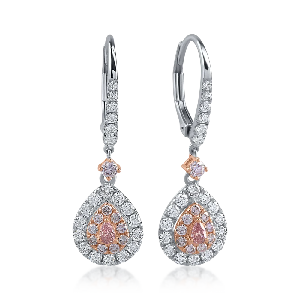 Cercei din aur alb-roz cu diamante incolore de 0.66ct si diamante roz pear si rotunde de 0.41ct