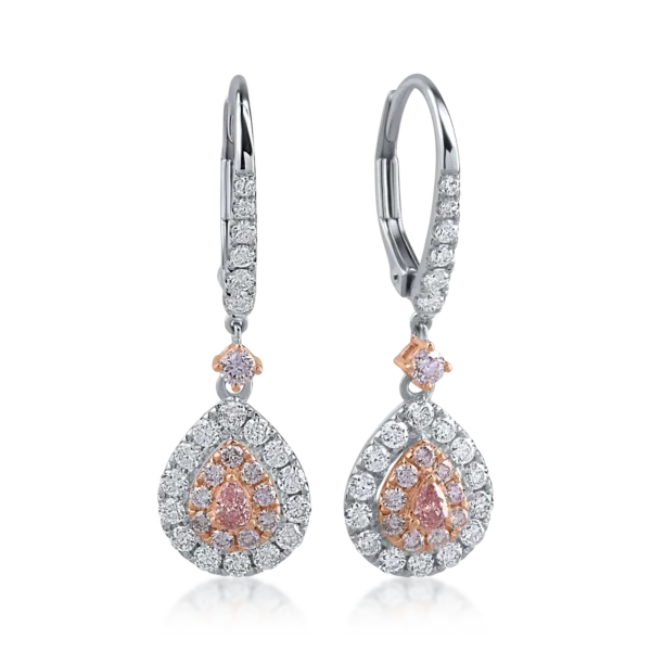 Cercei din aur alb-roz cu diamante incolore de 0.66ct si diamante roz pear si rotunde de 0.41ct
