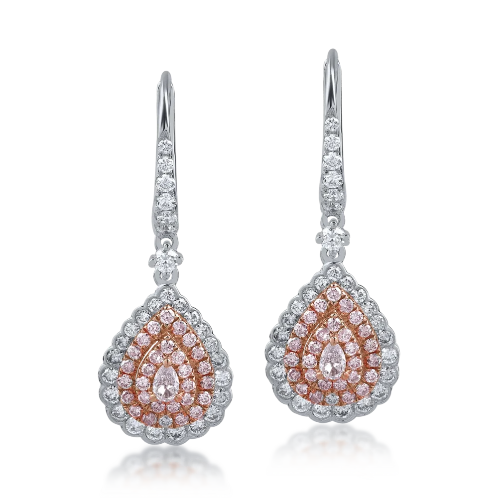Cercei din aur alb-roz cu diamante incolore de 0.74ct si diamante roz pear si rotunde de 0.56ct - imagine 2