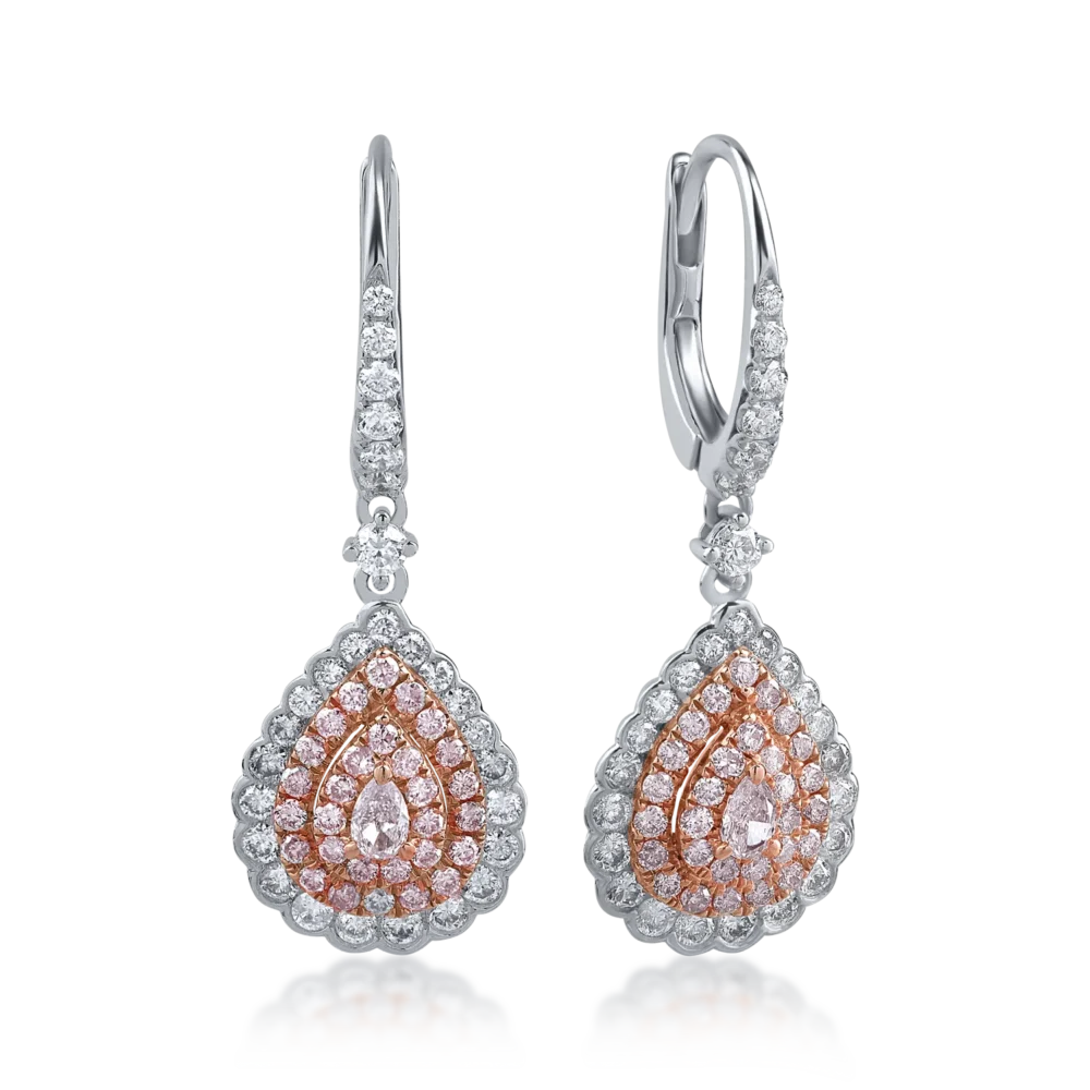 Cercei din aur alb-roz cu diamante incolore de 0.74ct si diamante roz pear si rotunde de 0.56ct