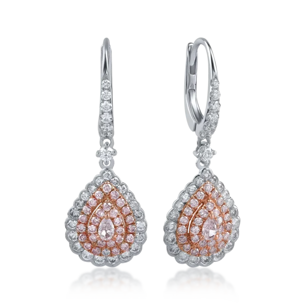 Cercei din aur alb-roz cu diamante incolore de 0.74ct si diamante roz pear si rotunde de 0.56ct