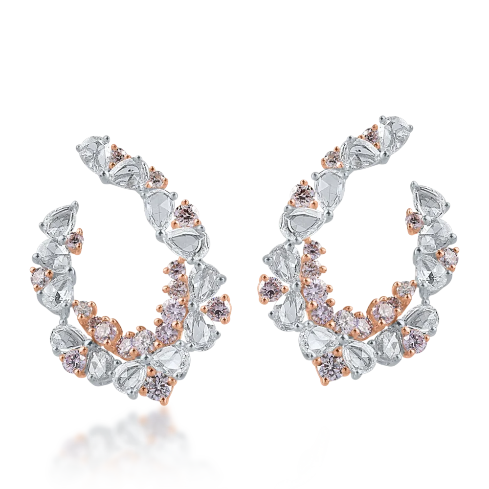 Cercei din aur alb-roz cu diamante incolore rose de 1.49ct si diamante roz round de 0.94ct - imagine 2