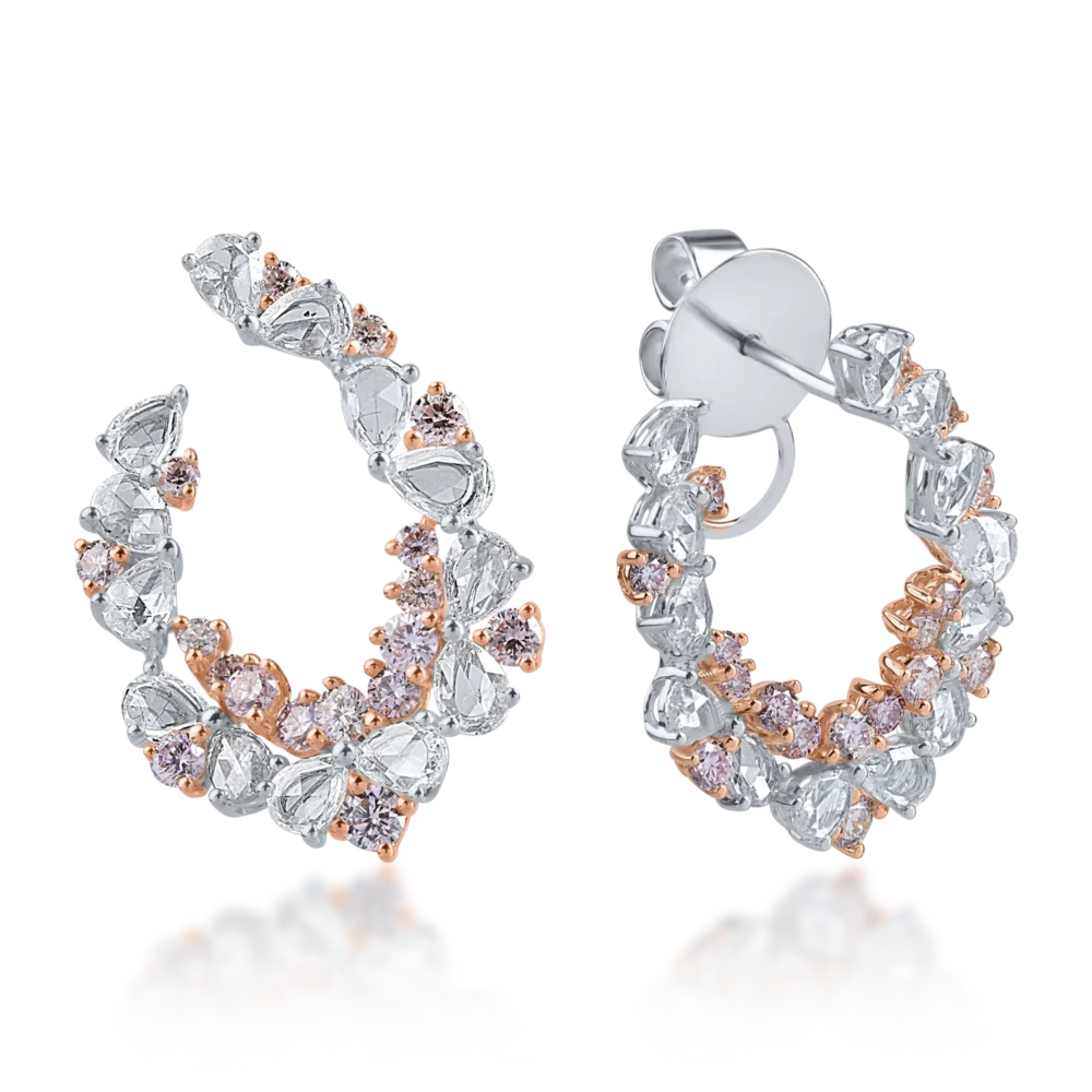 Cercei din aur alb-roz cu diamante incolore rose de 1.49ct si diamante roz round de 0.94ct