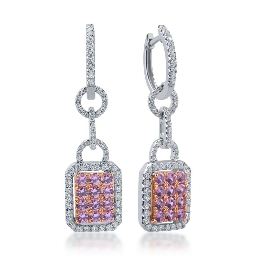 Cercei din aur alb-roz cu safire roz de 1.11ct si diamante de 0.67ct