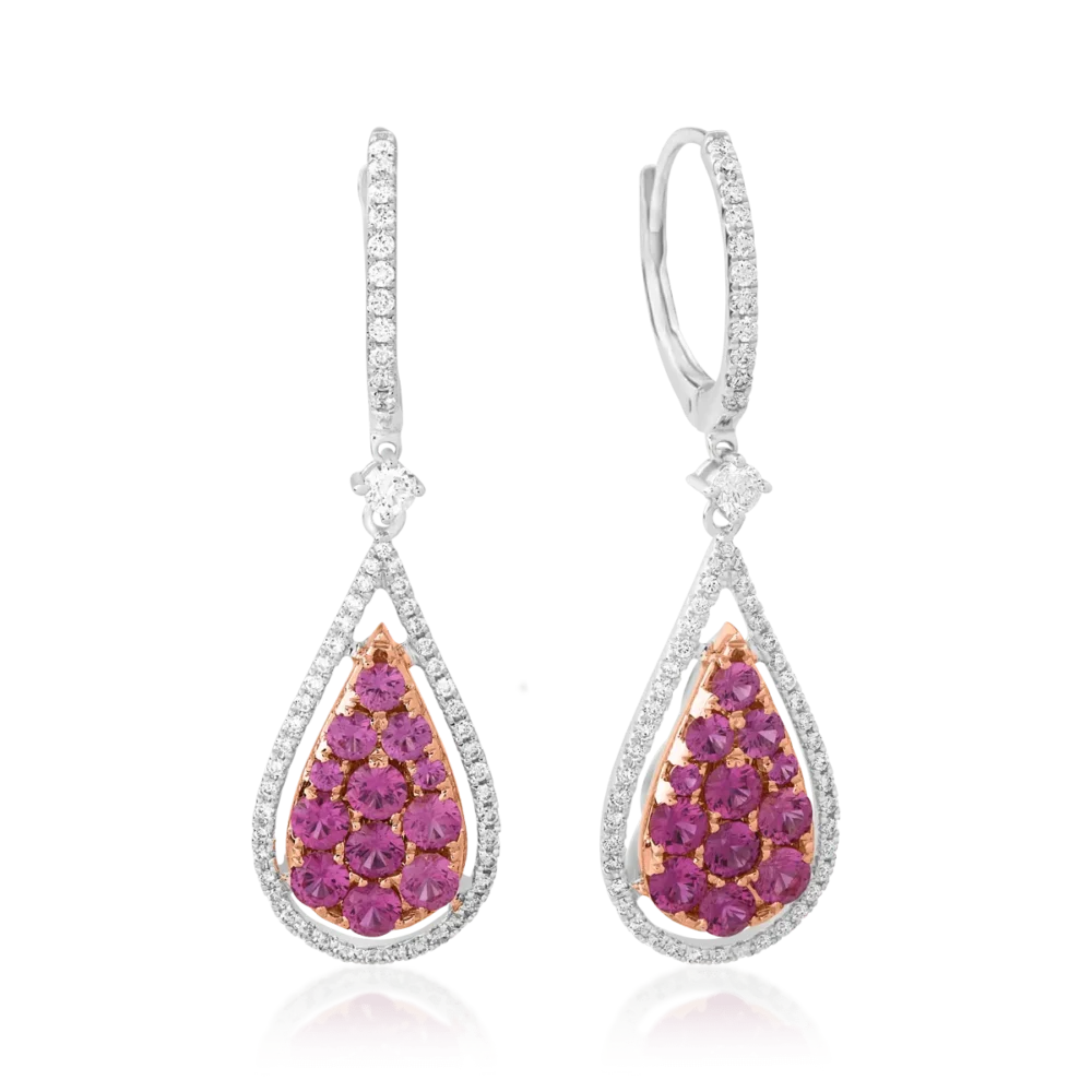 Cercei din aur alb-roz cu safire roz de 1.62ct si diamante de 0.5ct