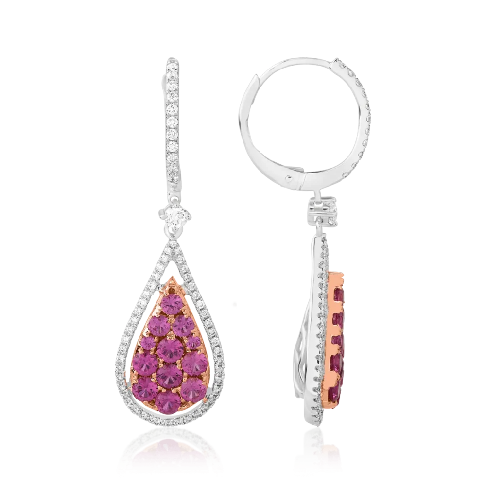 Cercei din aur alb-roz cu safire roz de 1.62ct si diamante de 0.5ct - imagine 3