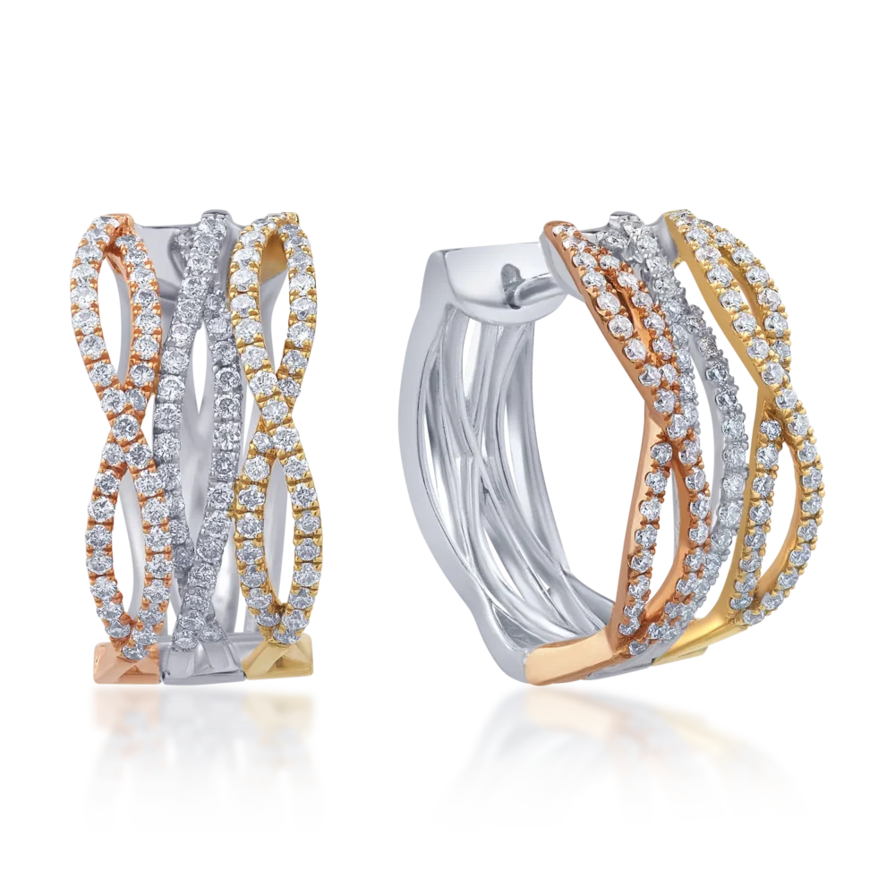 Cercei din aur alb-roz-galben cu diamante de 0.84ct