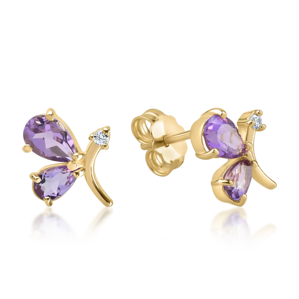 Cercei din aur galben cu ametiste pear de 1.7ct si zirconii
