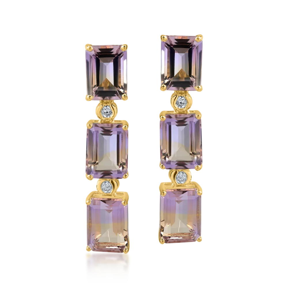 Cercei din aur galben cu ametrine octogonale de 9.3ct si diamante de 0.1ct - imagine 2