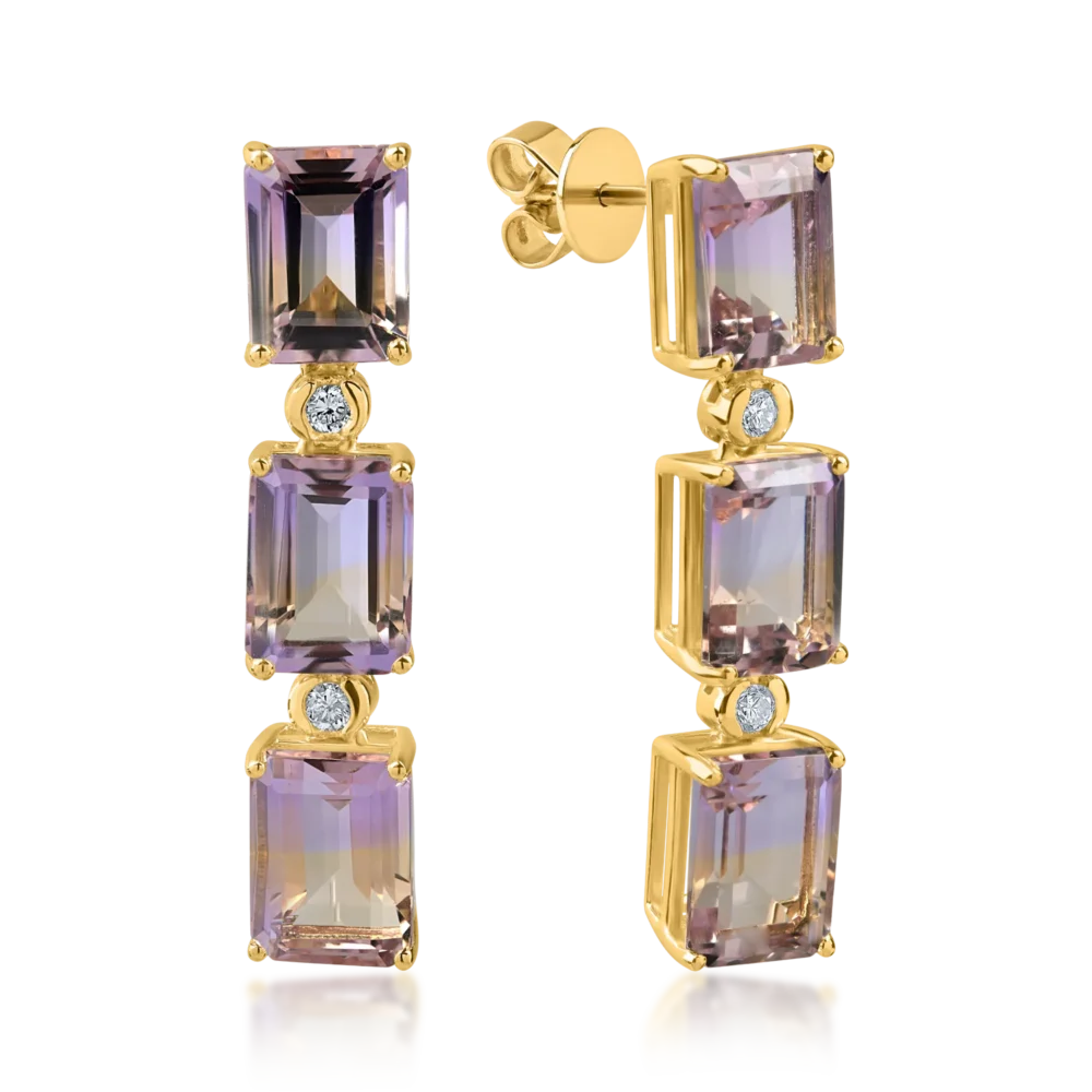Cercei din aur galben cu ametrine octogonale de 9.3ct si diamante de 0.1ct