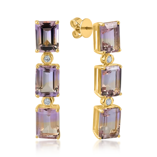 Cercei din aur galben cu ametrine octogonale de 9.3ct si diamante de 0.1ct