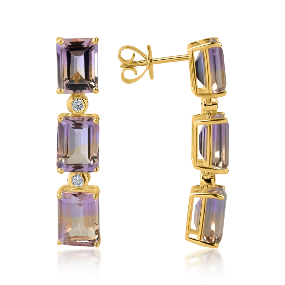 Cercei din aur galben cu ametrine octogonale de 9.3ct si diamante de 0.1ct - imagine 3