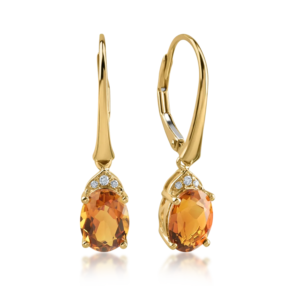 Cercei din aur galben cu citrine ovale de 2.29ct si diamante de 0.03ct