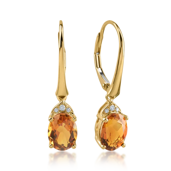 Cercei din aur galben cu citrine ovale de 2.29ct si diamante de 0.03ct
