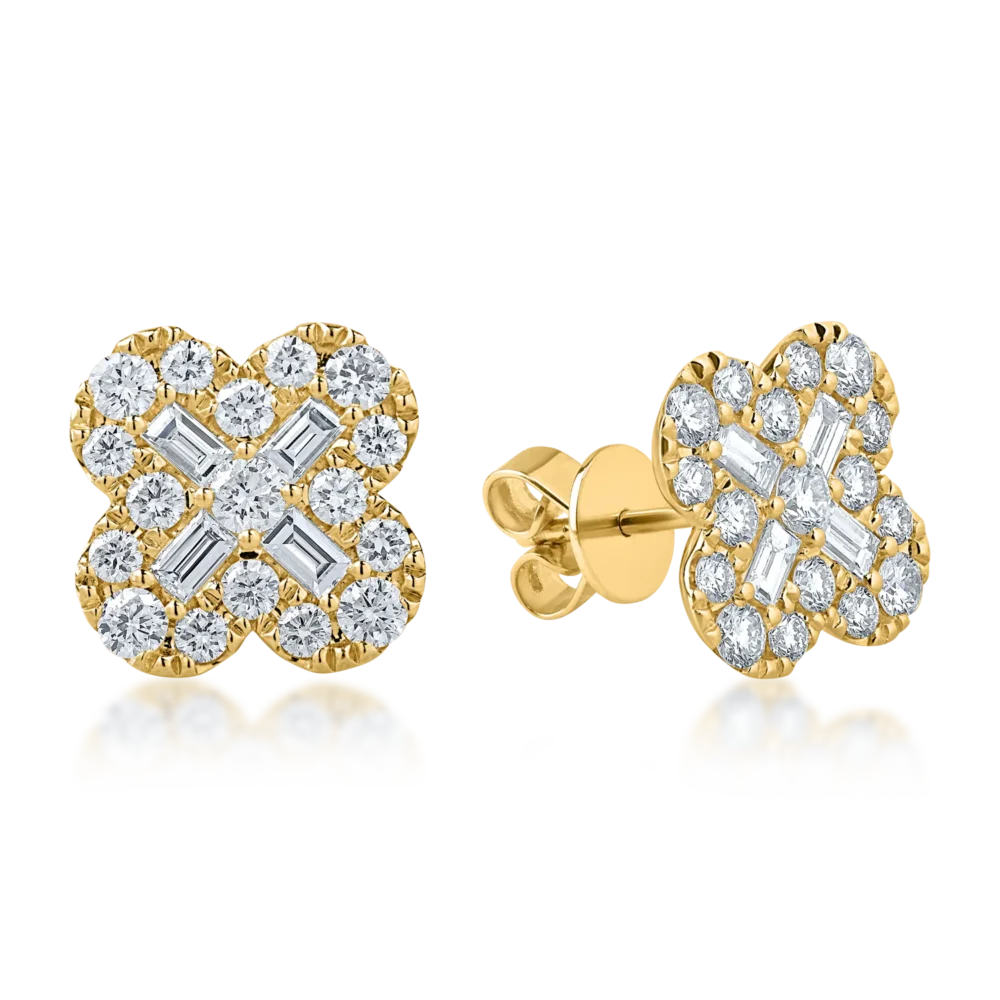 Cercei din aur galben cu diamante baguette si rotunde de 1.8ct