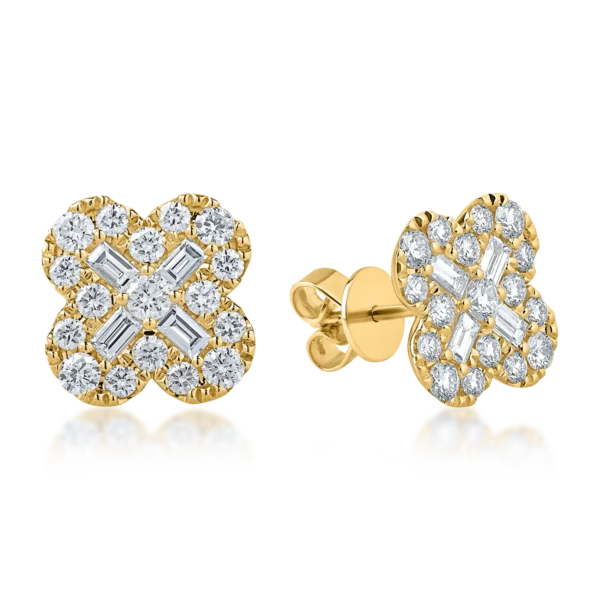 Cercei din aur galben cu diamante baguette si rotunde de 1.8ct