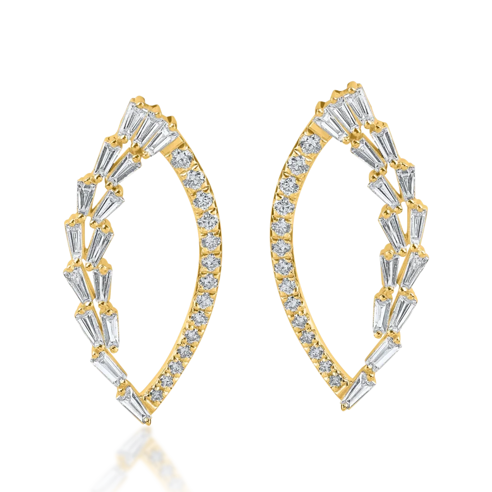 Cercei din aur galben cu diamante baguette si rotunde microsetting de 1.1ct - imagine 2