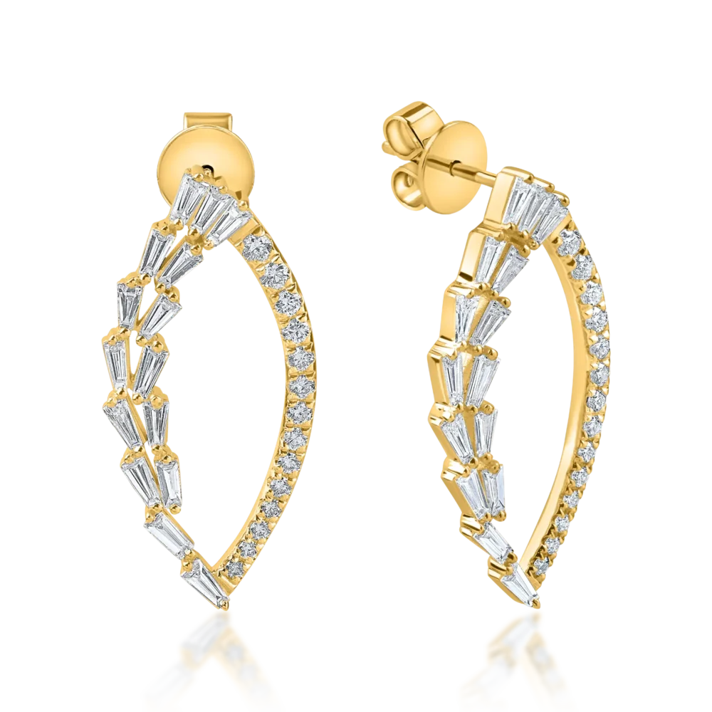 Cercei din aur galben cu diamante baguette si rotunde microsetting de 1.1ct