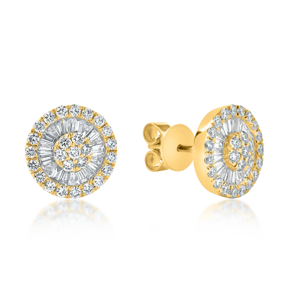 Cercei din aur galben cu diamante baguette si rotunde microsetting de 1ct