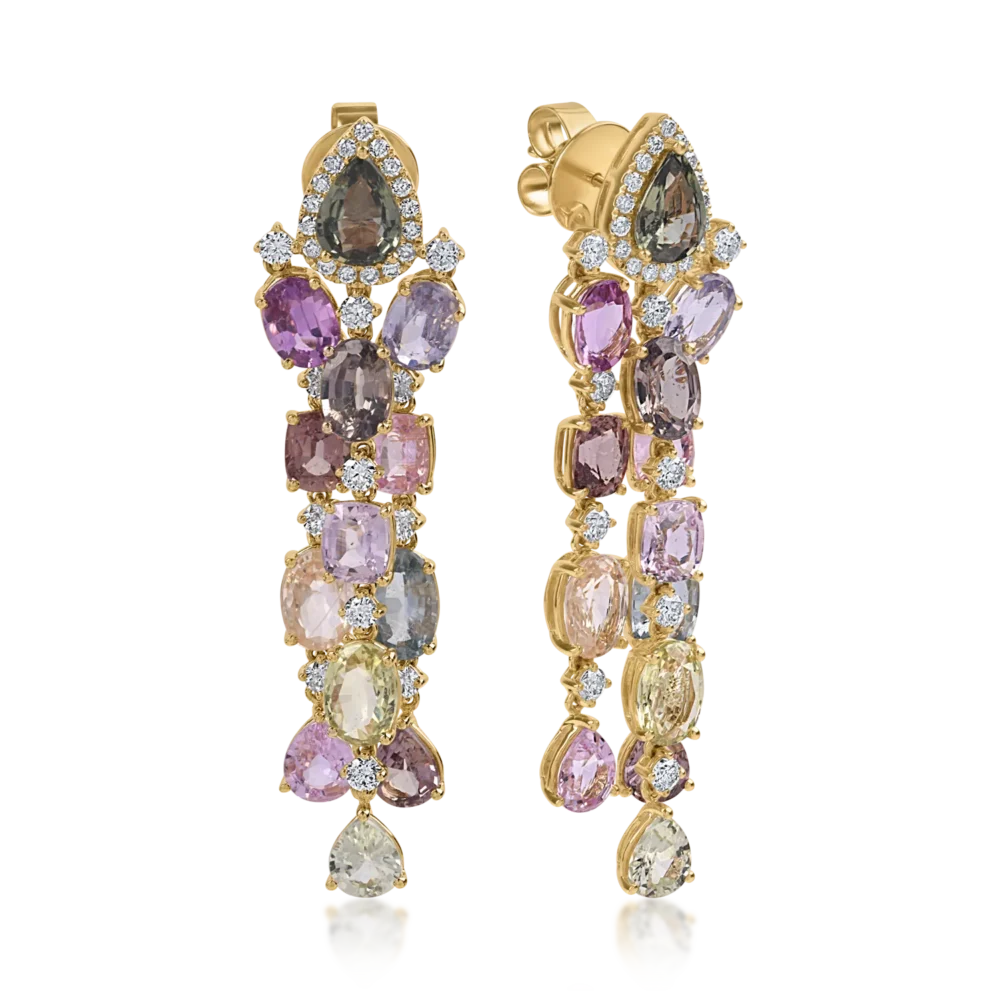 Cercei din aur galben cu safire multicolore de 21.69ct si diamante de 1.56ct