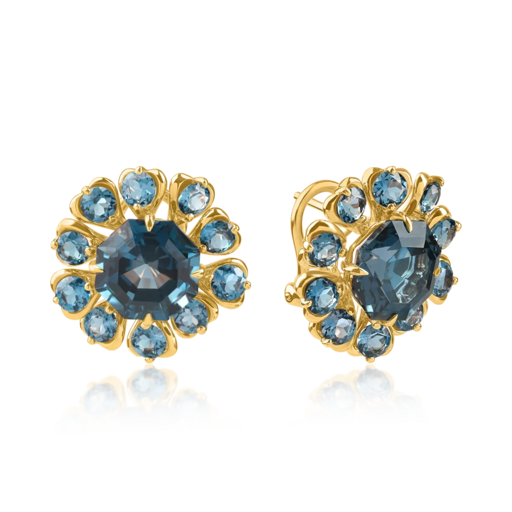 Cercei din aur galben cu topaze london blue octogonale si rotunde de 13.6ct