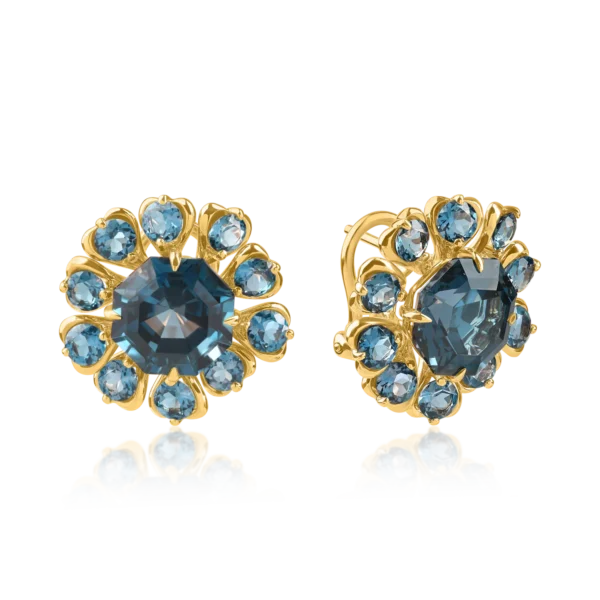 Cercei din aur galben cu topaze london blue octogonale si rotunde de 13.6ct