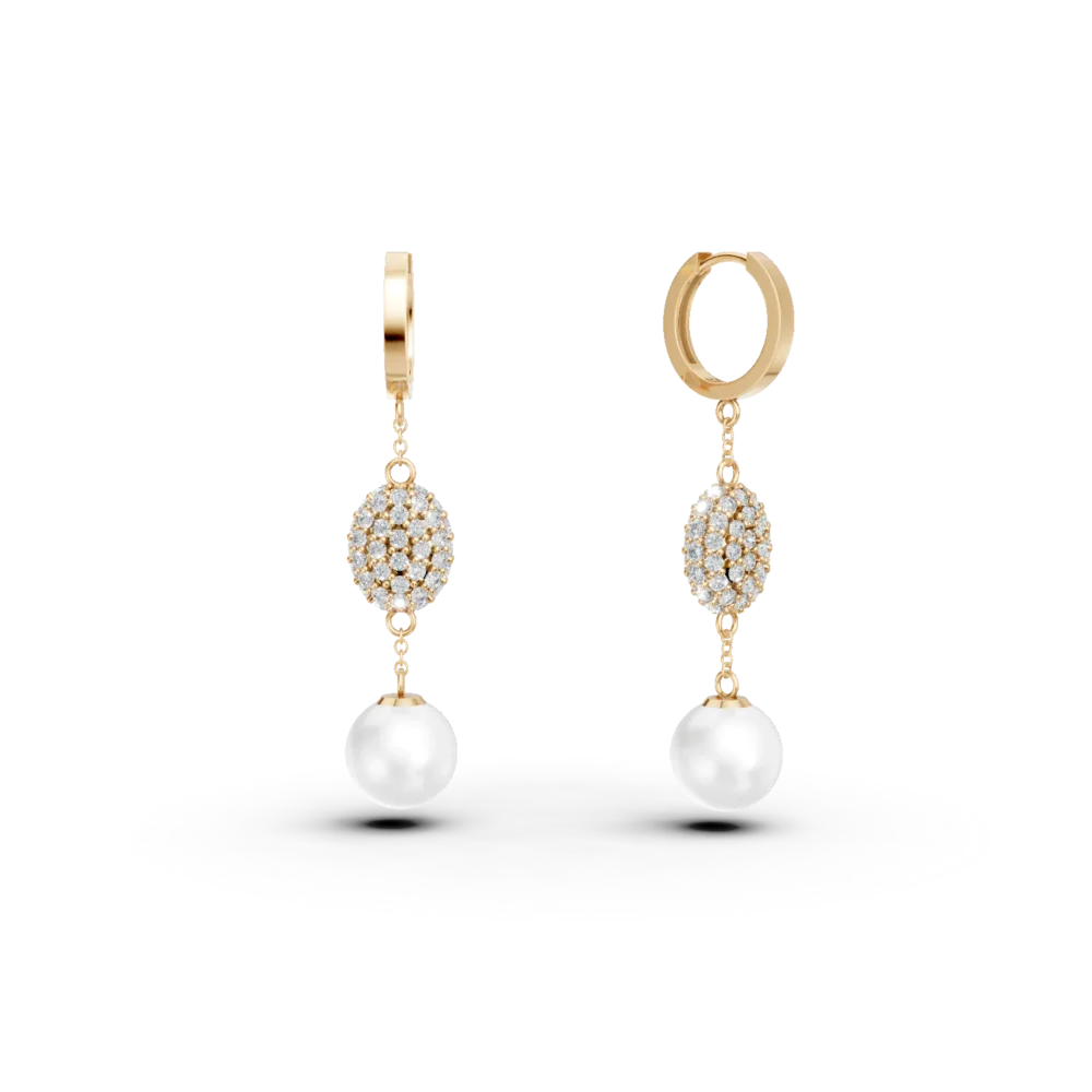 Cercei din aur galben cu zirconii si perle de cultura de 1.2ct