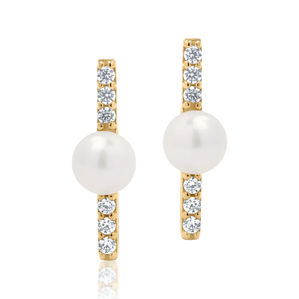 Cercei din aur galben cu zirconii si perle sintetice - imagine 2