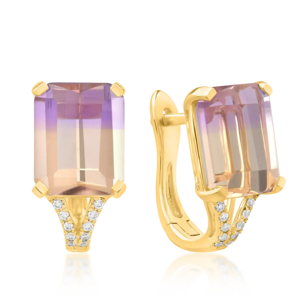 Cercei din aur galben cu ametrine octogonale de 6.29ct si diamante de 0.077ct