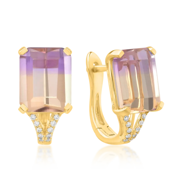 Cercei din aur galben cu ametrine octogonale de 6.29ct si diamante de 0.077ct