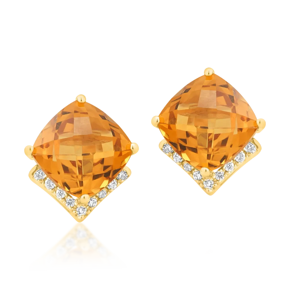 Cercei din aur galben cu citrine cushion de 4.3ct si diamante de 0.1ct - imagine 2