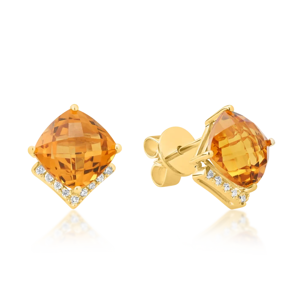 Cercei din aur galben cu citrine cushion de 4.3ct si diamante de 0.1ct