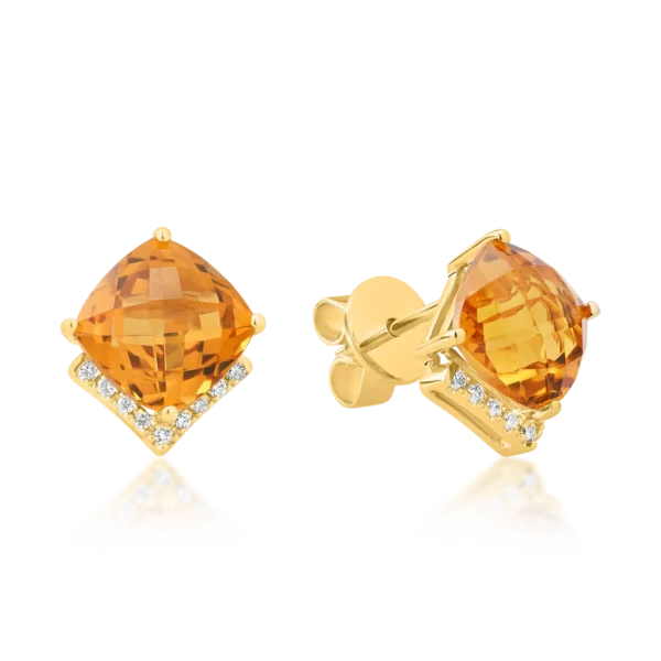 Cercei din aur galben cu citrine cushion de 4.3ct si diamante de 0.1ct