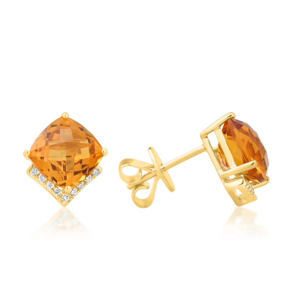 Cercei din aur galben cu citrine cushion de 4.3ct si diamante de 0.1ct - imagine 3