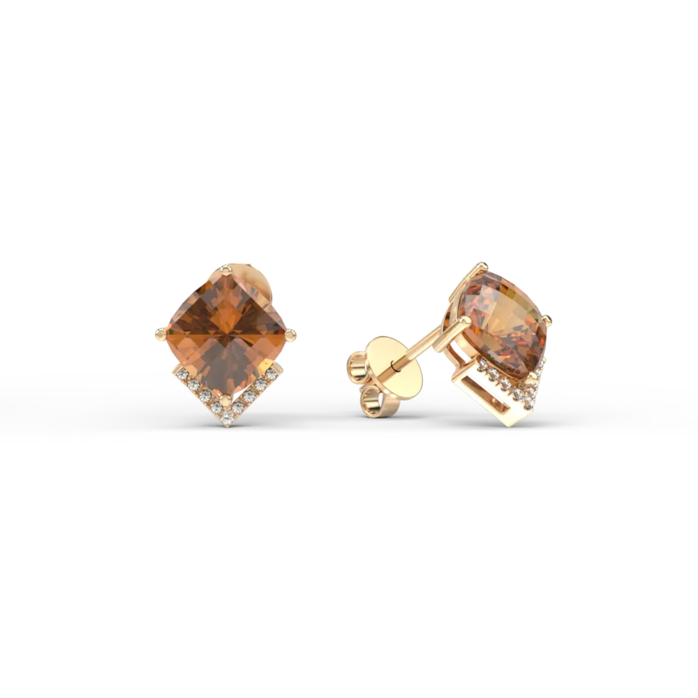 Cercei din aur galben cu citrine cushion de 5ct si diamante de 0.1ct