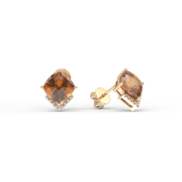 Cercei din aur galben cu citrine cushion de 5ct si diamante de 0.1ct