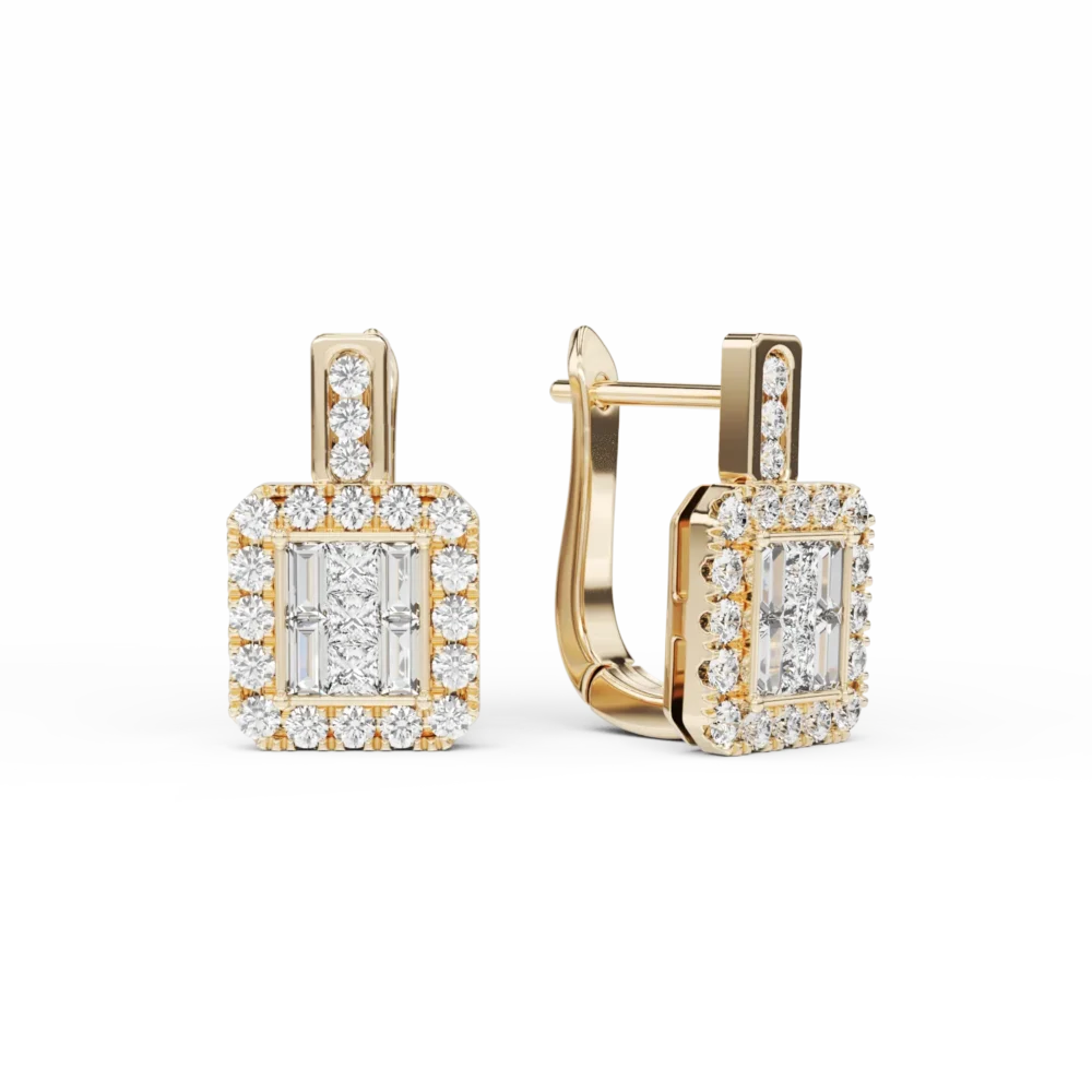 Cercei din aur galben cu diamante baguette, princess si rotunde de 0.76ct