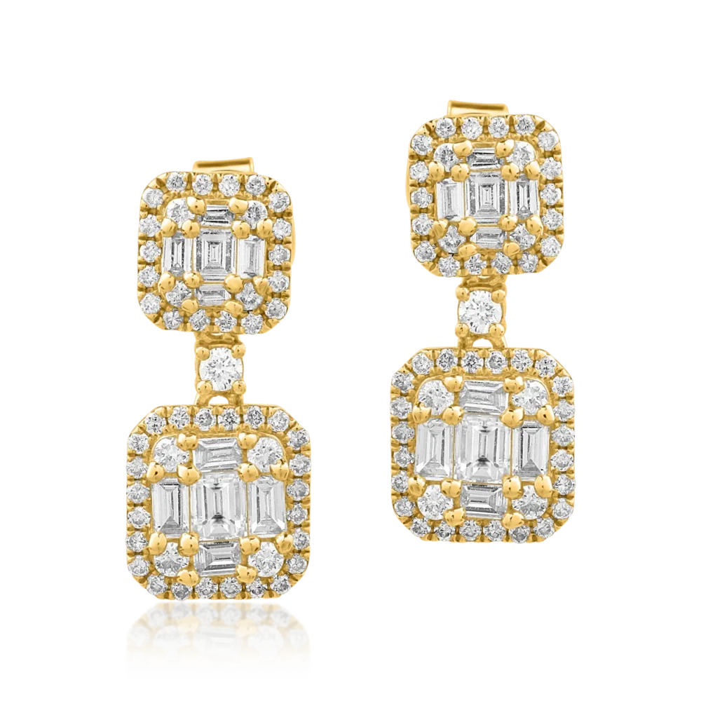 Cercei din aur galben cu diamante baguette si rotunde de 0.89ct - imagine 2